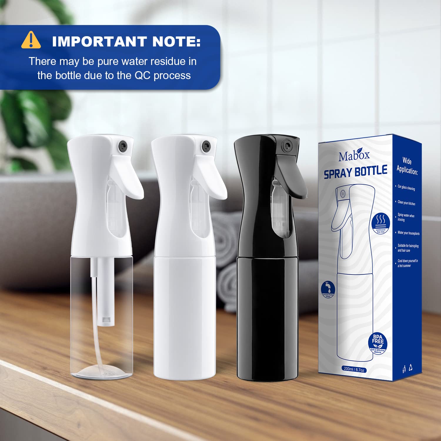 Mabox Spray Bottle for Hair - 6.7oz Continuous Mister Spray Bottle - Empty Fine Mist Spray Bottles for Water, Hair Styling, Plants, Cleaning, Ironing