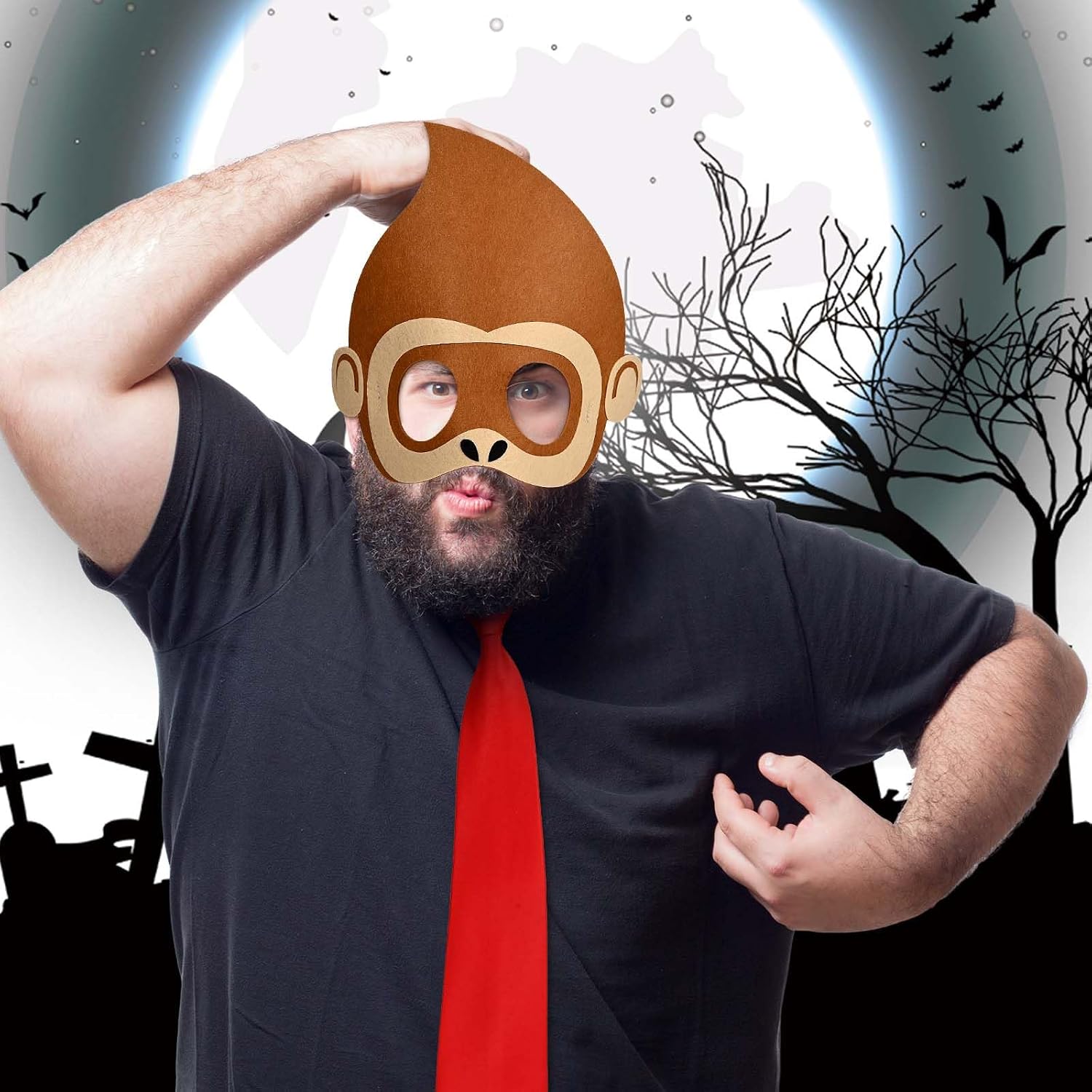 Honic 3 Pcs Gorilla Costume Felt Animal Masks and Red Tie for Adult Women Men Halloween Game Character Cosplay