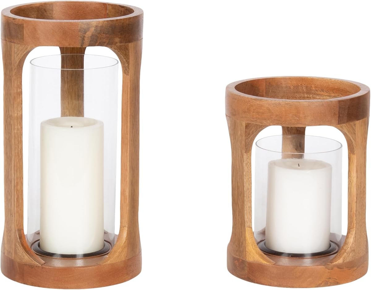 Dahl Modern Two-Piece Candle Holder Set, 7 x 12 and 7 x 9, Natural Wood, Transitional Mango Wood Hurricane Candle Holders with Glass Cylinders for Living Room Decor