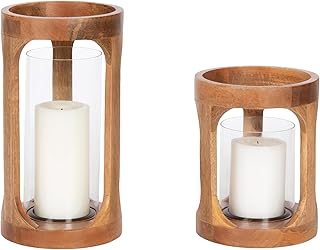 Kate and Laurel Dahl Modern Two-Piece Candle Holder Set, 7 x 12 and 7 x 9, Natural Wood, Transitional Mango Wood Hurricane Candle Holders with Glass Cylinders for Living Room Decor