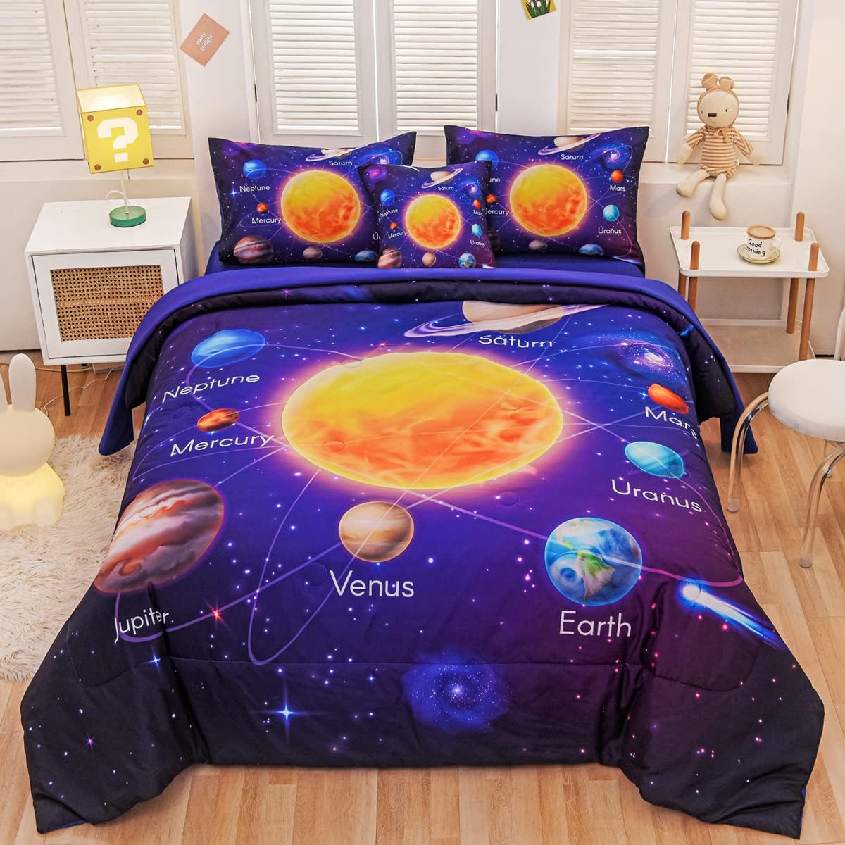 Twin Size Comforter Sets for Boys, Space Bedding Set Twin Bed in a Bag, 6 Pcs Universe Planet Galaxy Comforter Set with Sheets
