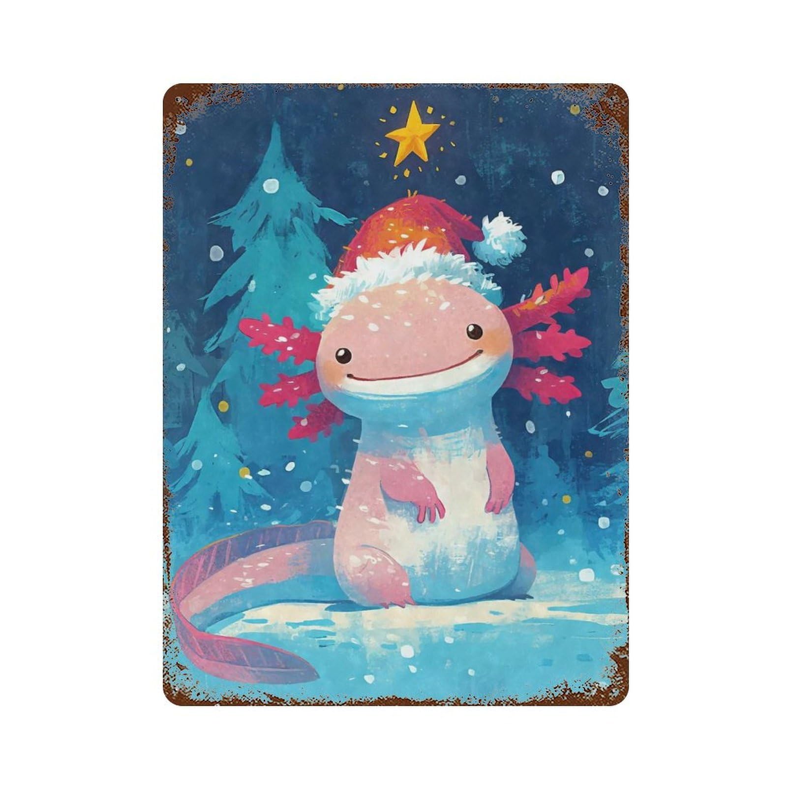 Distressed Metal Wall Sign with Christmas Axolotl Santa Hat Design 15.7"x11.8", for Farmhouse, Kitchen And Entryway Decor, Old School Wall Decor
