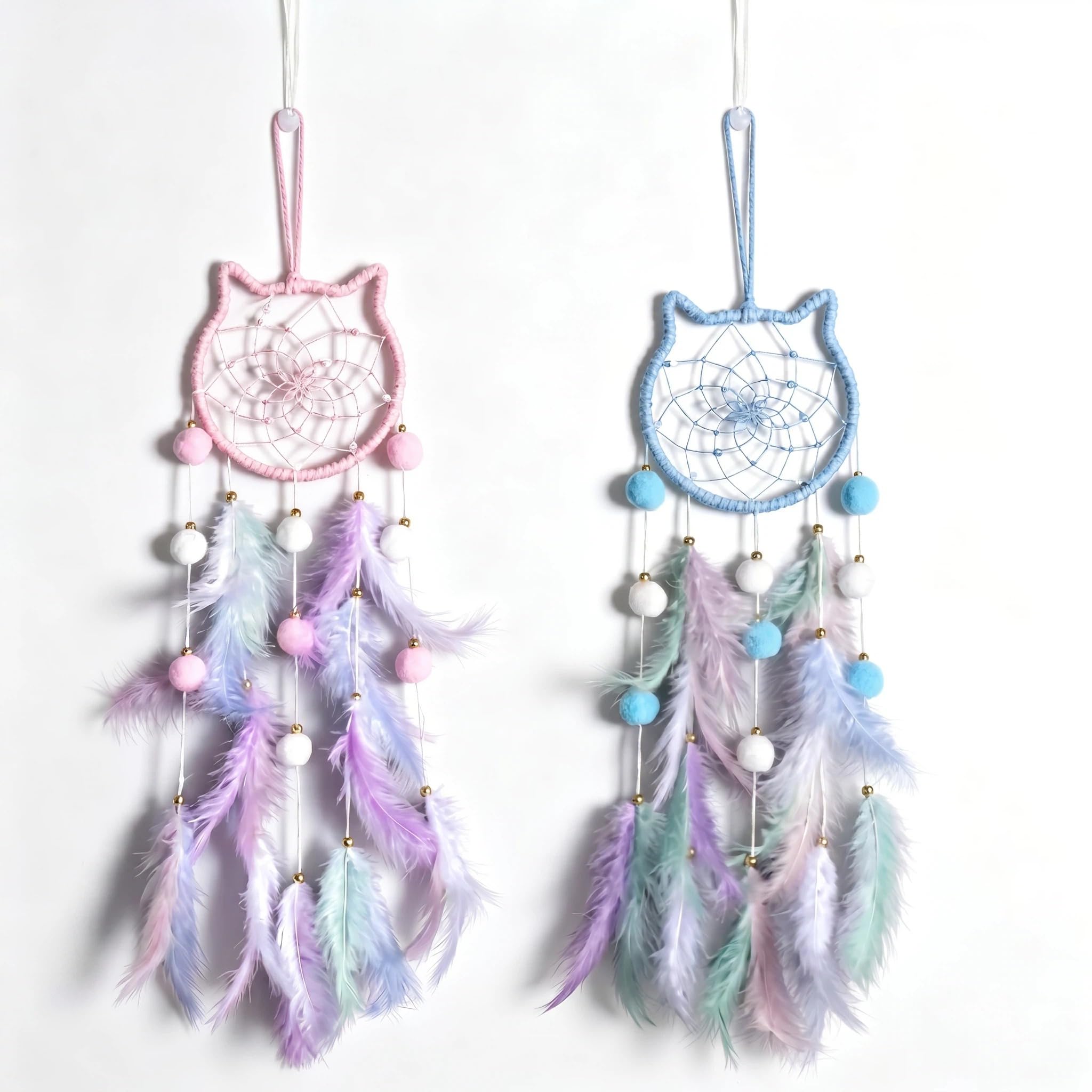 2PCS Cat Dream Catcher, Blue&Pink Dreamcatcher for Girls, Cute Cat Design Dream Catcher Wall Hanging Home Decor for Girls Bedroom Kids Room Accessories