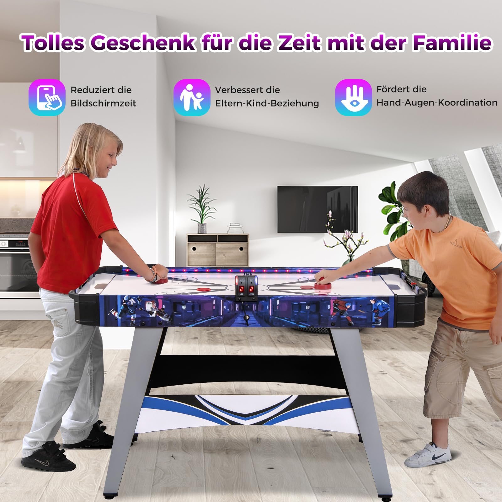 COSTWAY LED Airhockey Tisch, Air Hockey Spieltisch mit 12V Motor, 2 Schiebern & Pucks, Lufthockey elektrisch mit LED-Anzeigetafel, Tischhockey Eishockey für Kinder Erwachsene, 137 x 65 x 86 cm