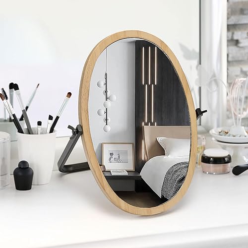 Miniatura 8 de Geloo Espejo de mesa de maquillaje de tocador, espejos de escritorio con rotación ajustable de 360 grados, espejo de pie pequeño con marco de madera