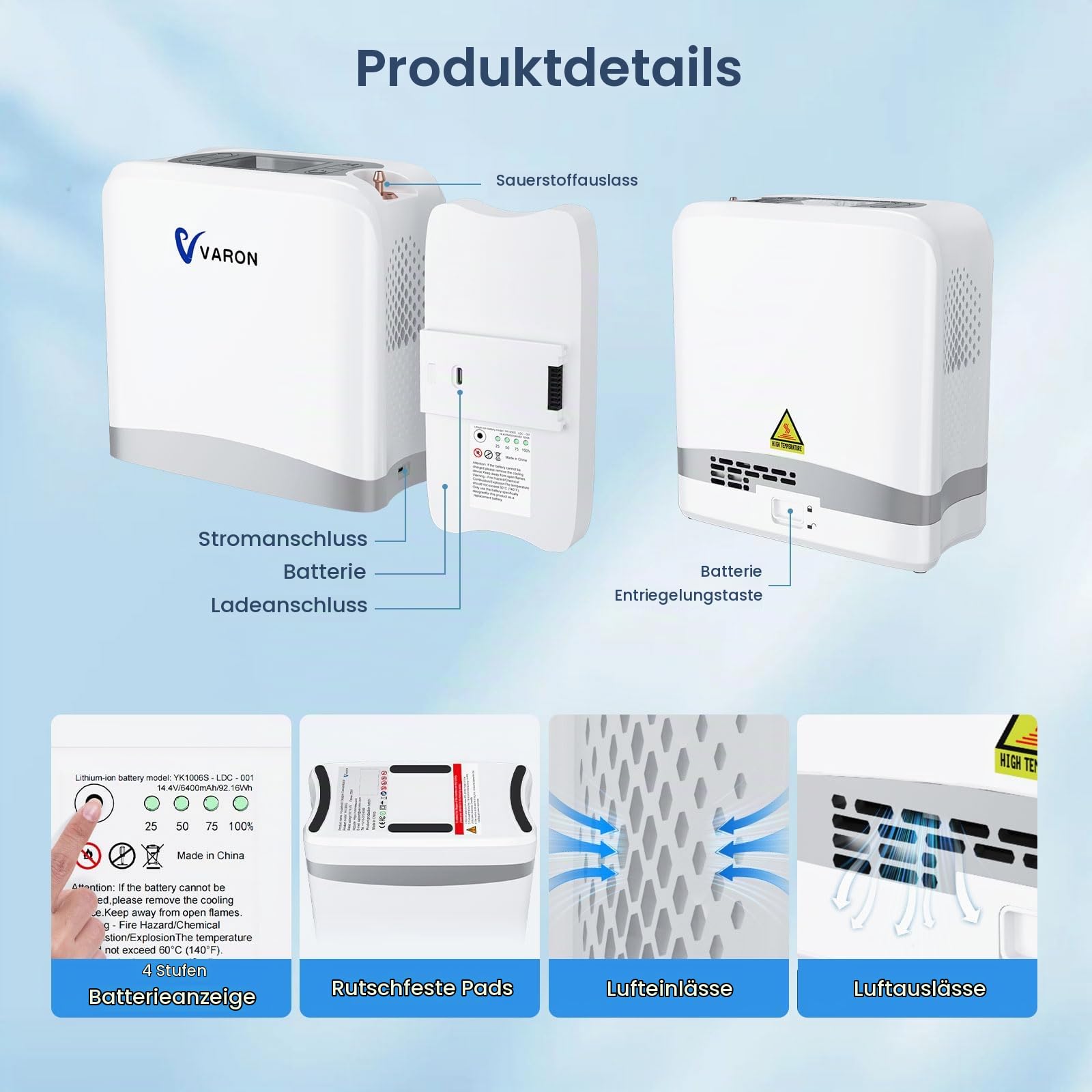 Tragbarer Sauerstoffkonzentrator mit 90% Konzentration, 2 kg leichtes Gewicht, 7 Flussstufen und 2 Modi (Atem-/Pulssensor), Batterielaufzeit von 1,5-5 Stunden, 3 Stromquellen