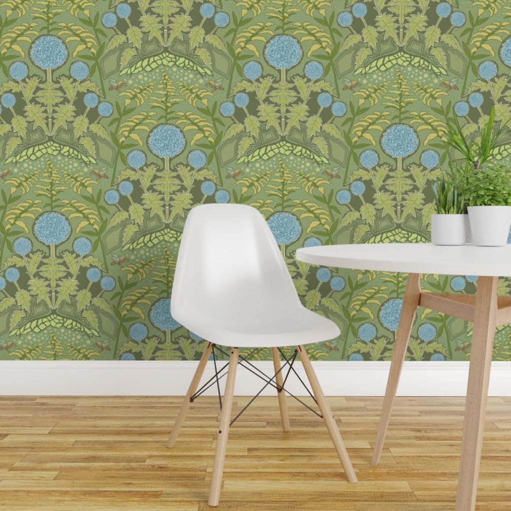 Removable Wallpaper Swatch - Art Nouveau Thistle Large Victorian Home Decor Ornate Flower Garden Floral Botanical Blue Green Gold Custom Pre-Pasted Wallpaper by Spoonflower