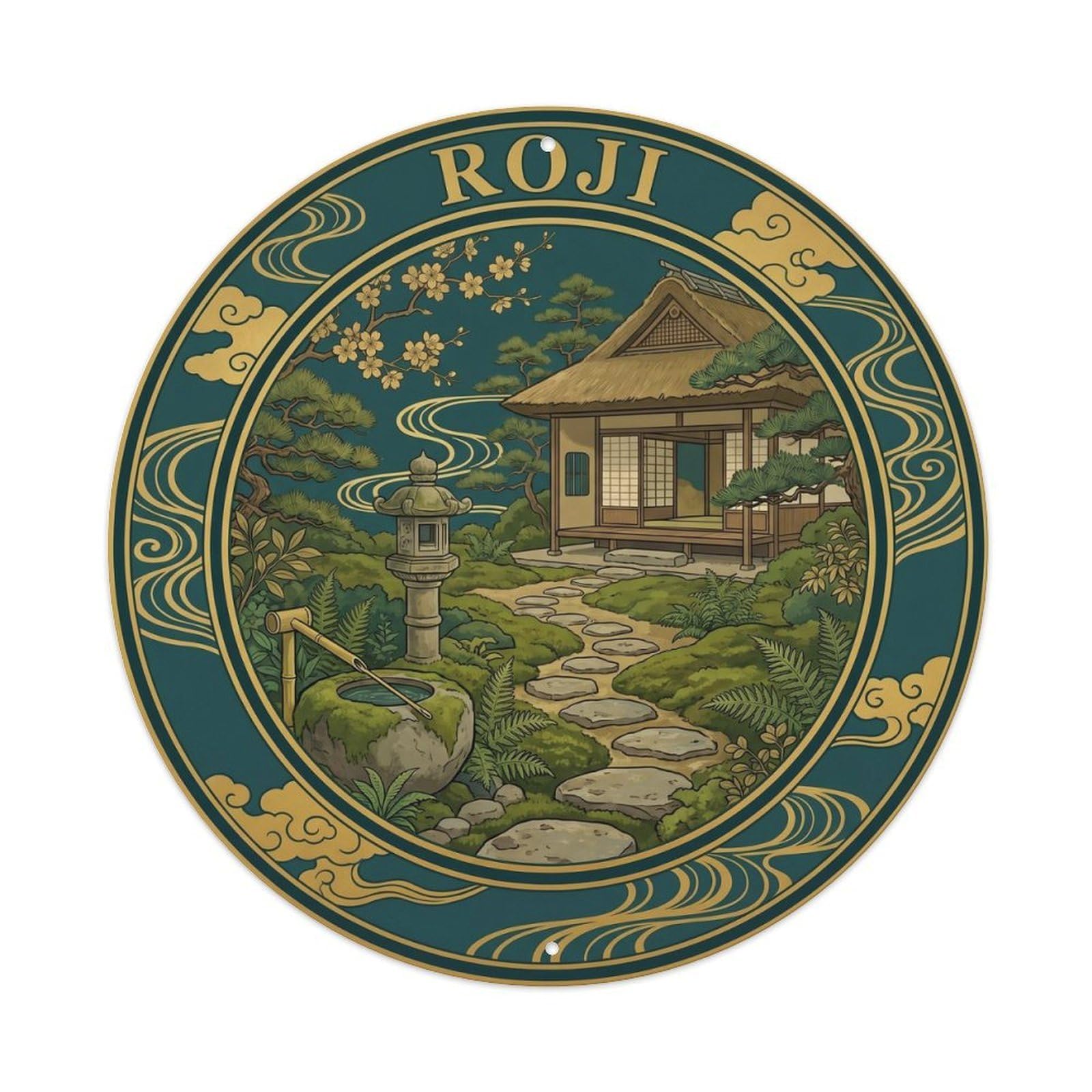 Olyhtr 8X8inch Classic Style Chado Tea Roji Path Rinpa Teal Moss Japan Traditional Metal Tin Sign