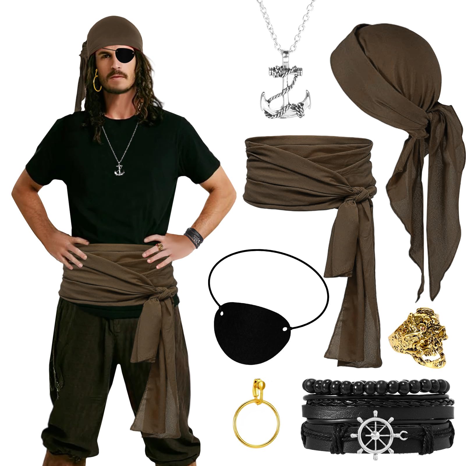 7 Pieces Medieval Pirate Costume Accessory, Medieval Pirate Fancy Dress with Bandana Sash, Belt, Eye Patch, Ring Accessories for Women Men Pirate Fancy Dress Halloween Cosplay Party (Style 4)