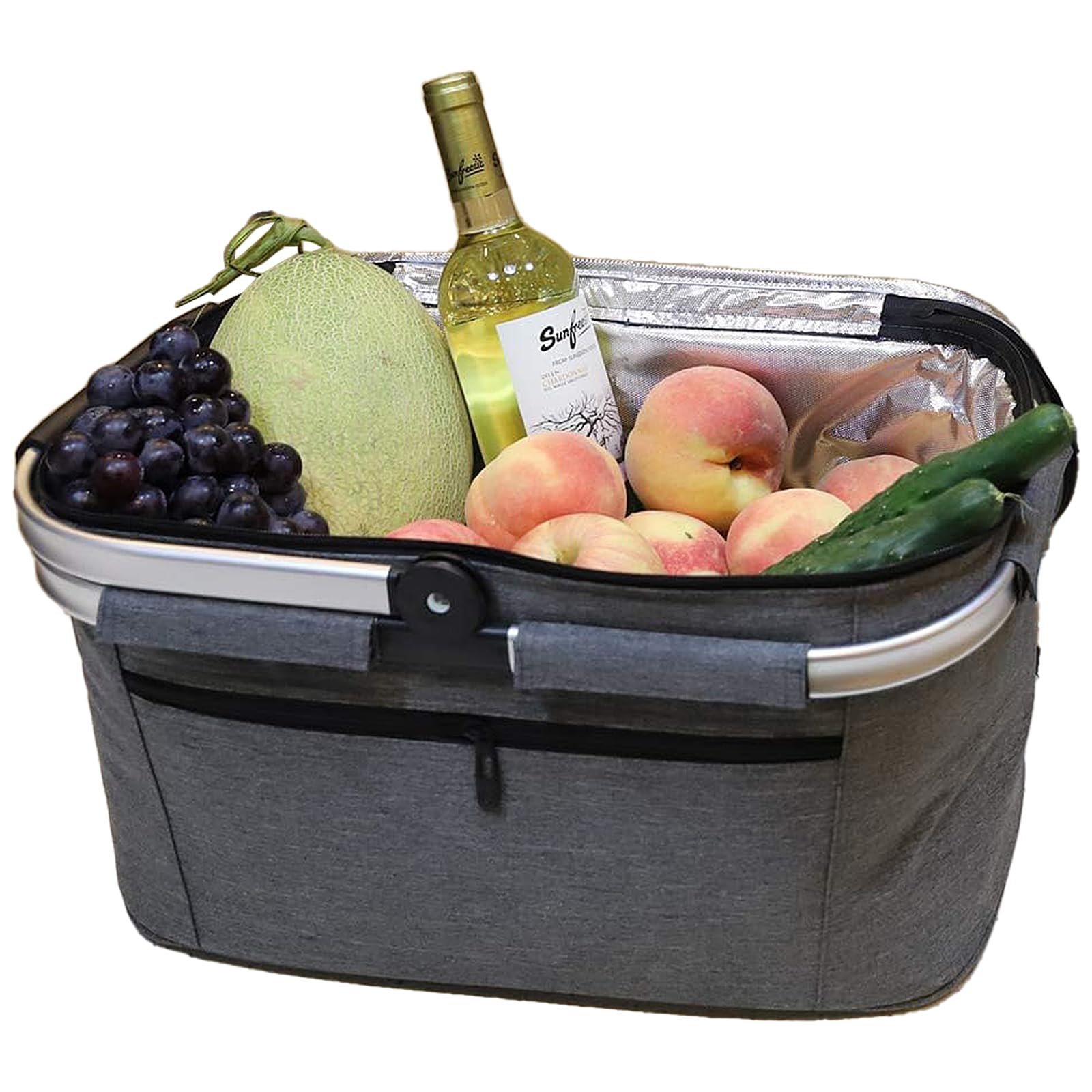 Faltbarer Einkaufskorb Grau, Großer Picknickkorb mit gepolsterten Griffe, praktischer Faltkorb, Einkaufstasche mit Aluminiumrahmen, robuster Korb