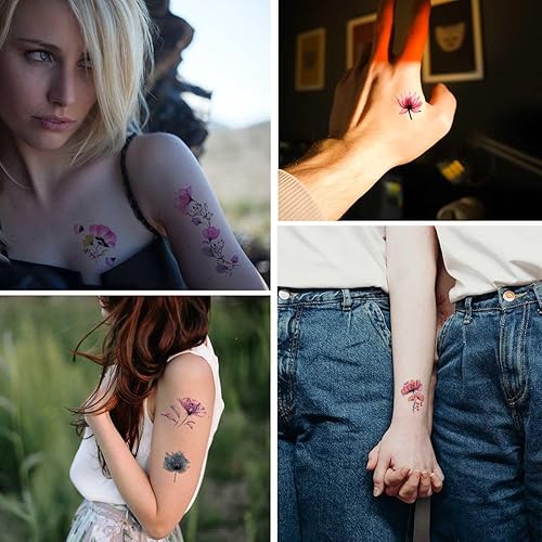 Miniatura 3 de 20 hojas de calcomanías de tatuajes temporales de flores, impermeables, para arte corporal, acuarela, floral, tatuaje temporal para mujeres y niñas,