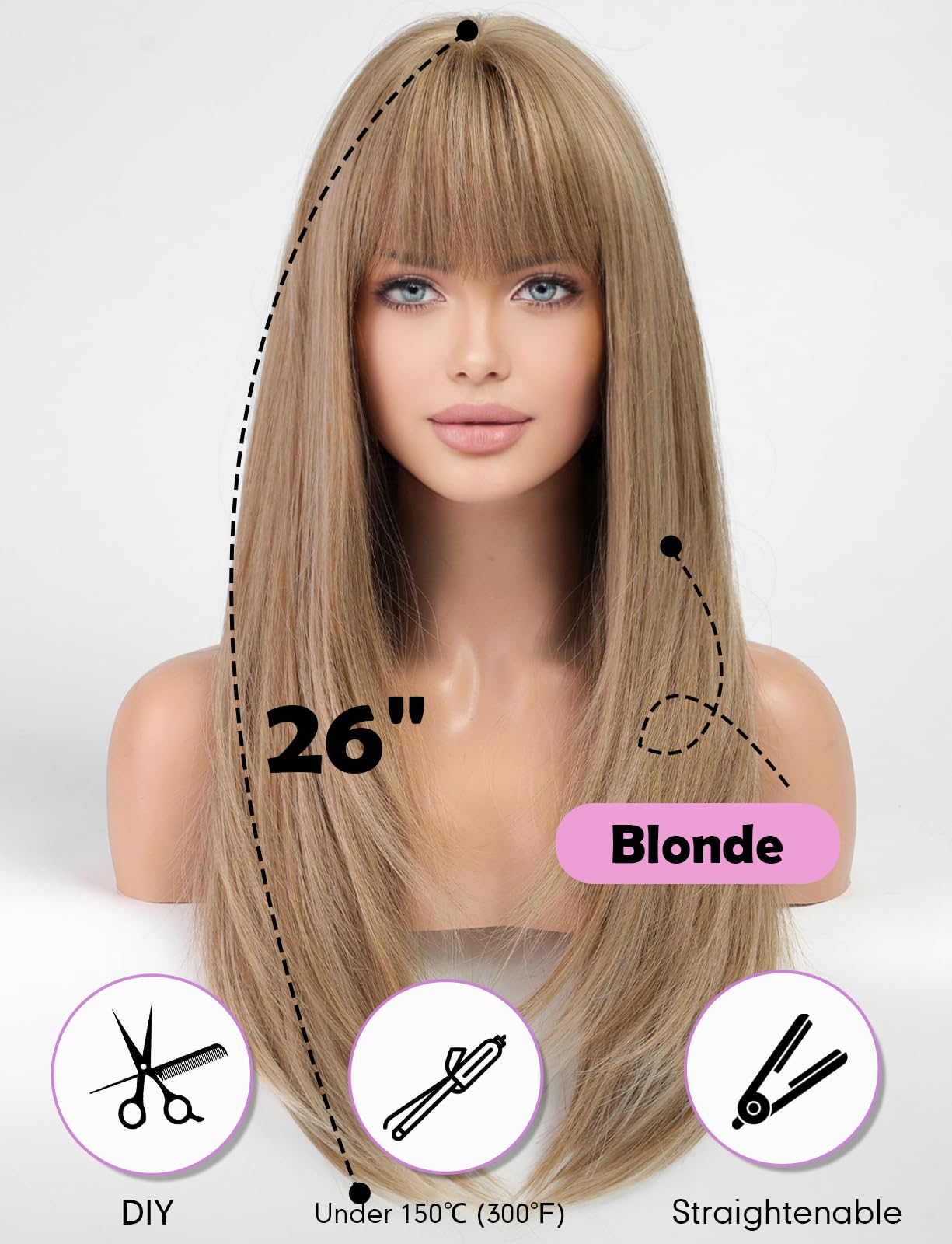 WOKESTAR Blonde Wigs for Women Layered Straight Long Wig with Fringe, Chocolate Blonde, 26 inch - Image 3