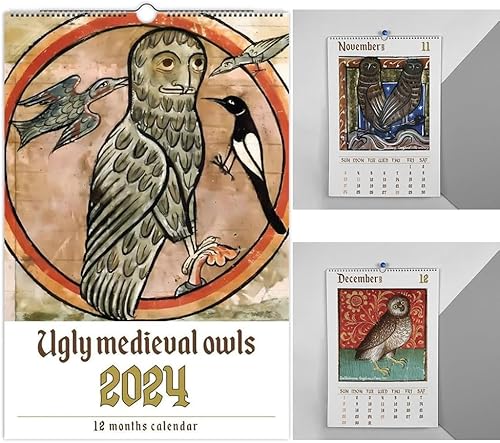 Calendario de búho medieval extraño 2024, divertido calendario de pared de búho, calendarios mensuales de papel grueso para colgar, calendarios de