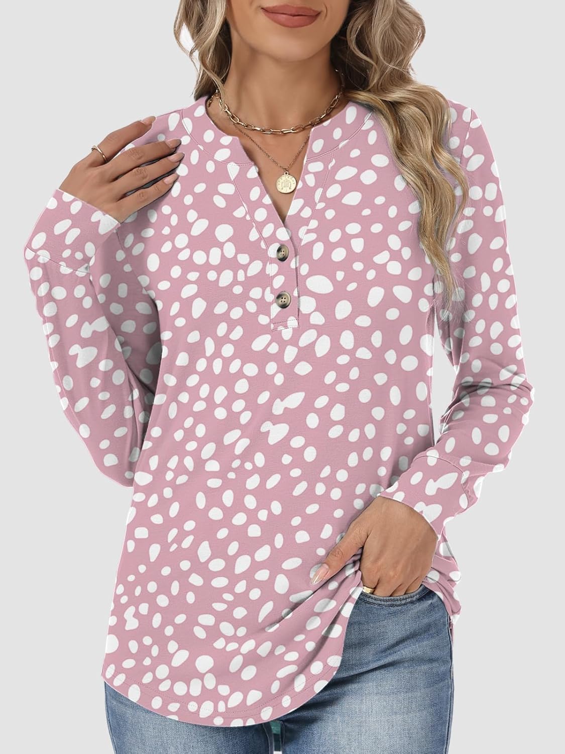 Womens Long Sleeve Shirts Fall Button Henley Tunic Tops Dressy Casual Blouses 2026 T-Shirts Outfits Fashion Clothes - Image 4