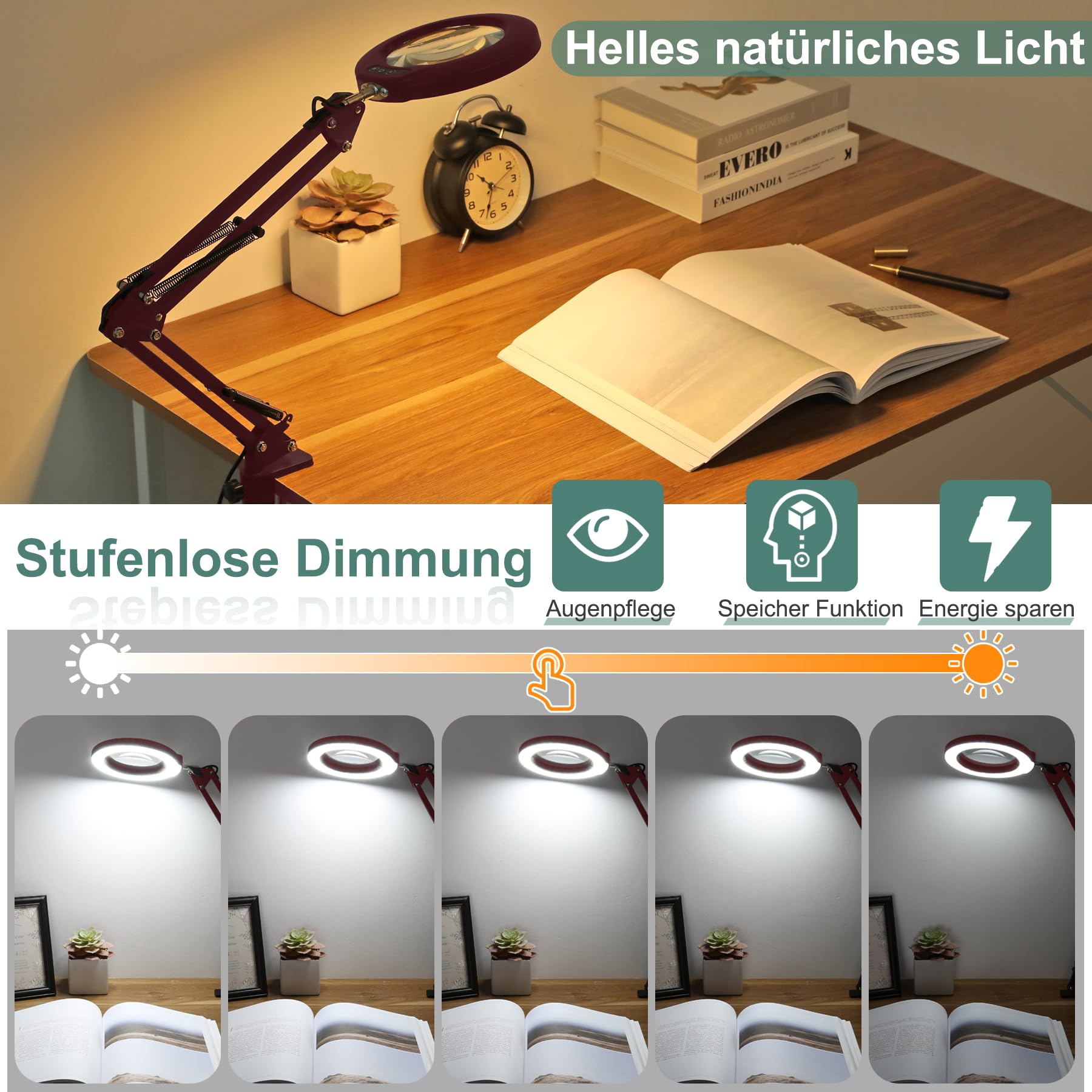 Veemagni Lot de 10 loupes en verre véritable avec lumière, 5 modes de couleur, intensité variable en continu, bras pivotant réglable, lampe loupe éclairée LED avec pince, loupe mains libres, avec