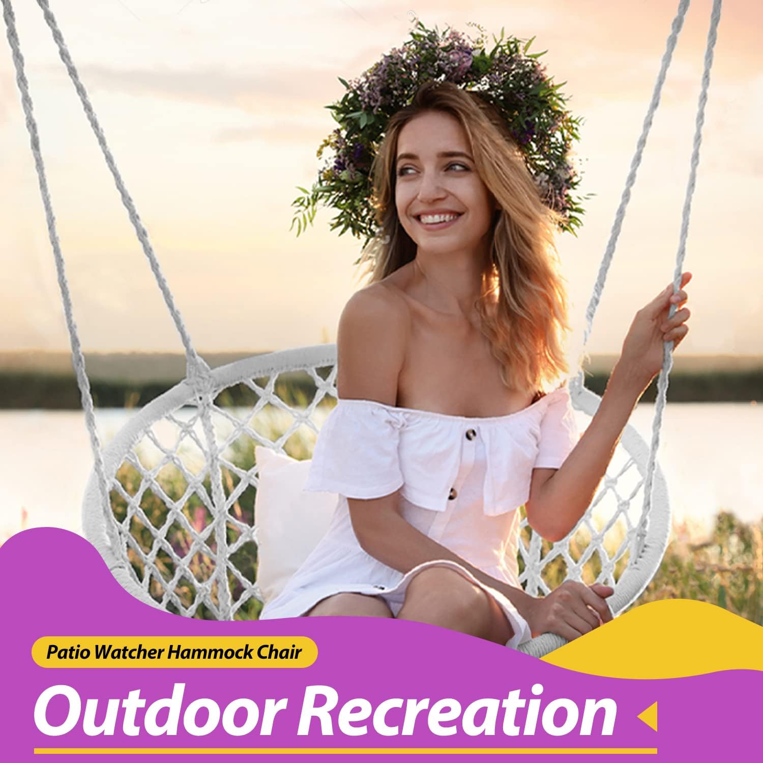 Patio Watcher Hammock Chair Hanging Macrame Swing with Cushion and Hardware Kits, Max 330 Lbs, Handmade Knitted Mesh Rope Swing Chair for Indoor, Outdoor, Bedroom, Patio, Yard, Deck, Garden, White
