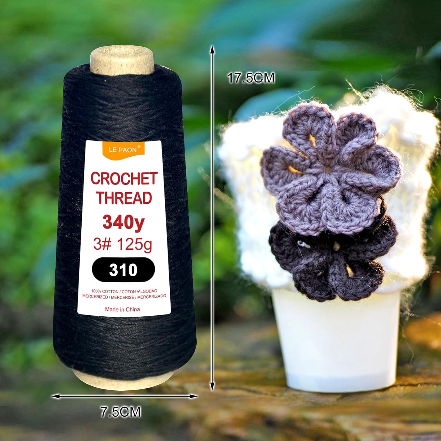 3 Cones total375g size3 Crochet Thread,100% Pure Cotton Thread Yarn for Hand Knitting,crochetting Black