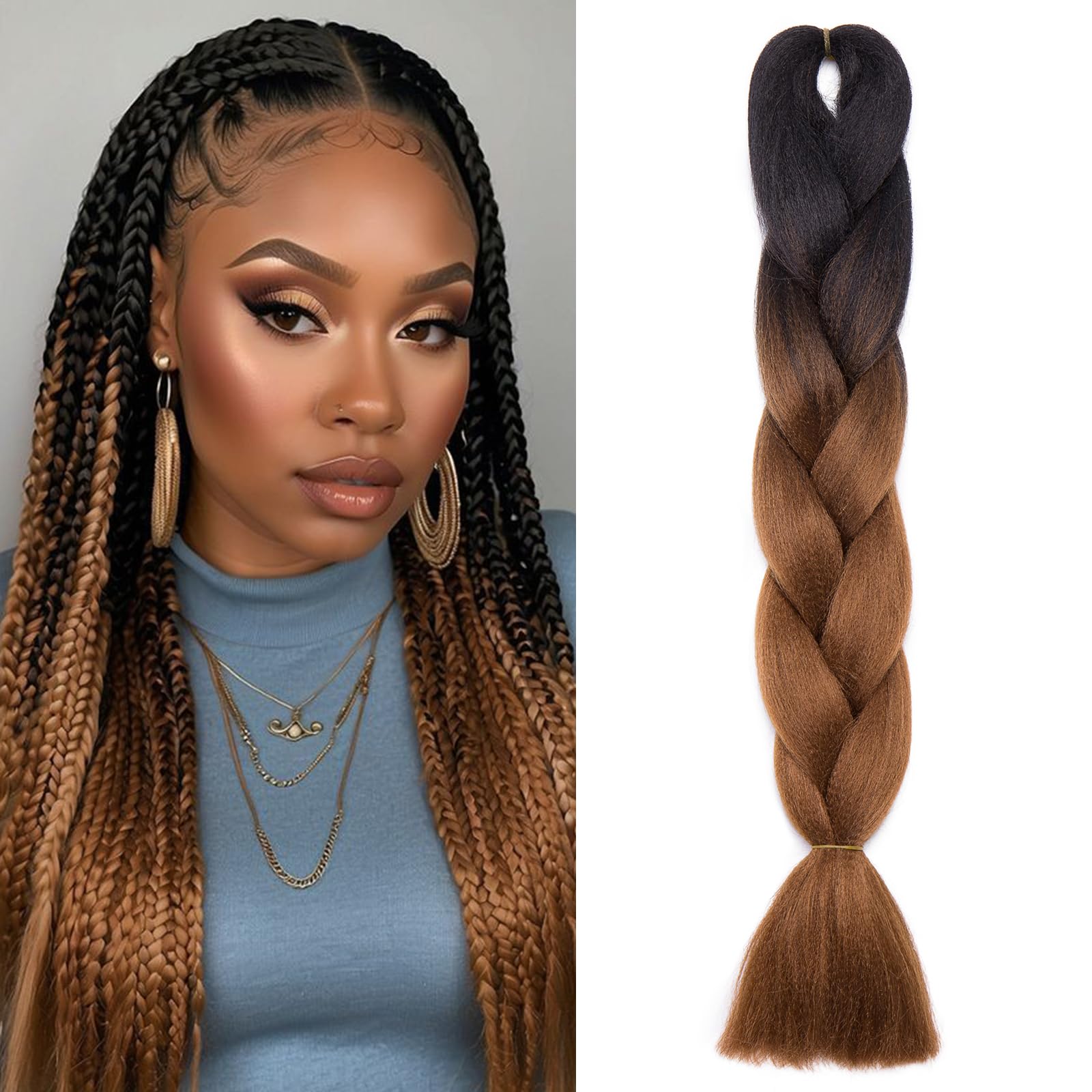 Benehair Braid Extensions 24 Inches Ombre Jumbo Braiding Hair Colorful Synthetic Hair Extensions for Braiding Black/Medium Brown Hair Extensions for Women(Black/Medium Brown