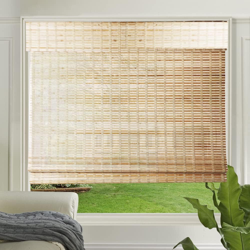 LETAU No Drill No Tools Cordless Wood Window Shades Blinds, Bamboo Roman Shades, Pattern 4
