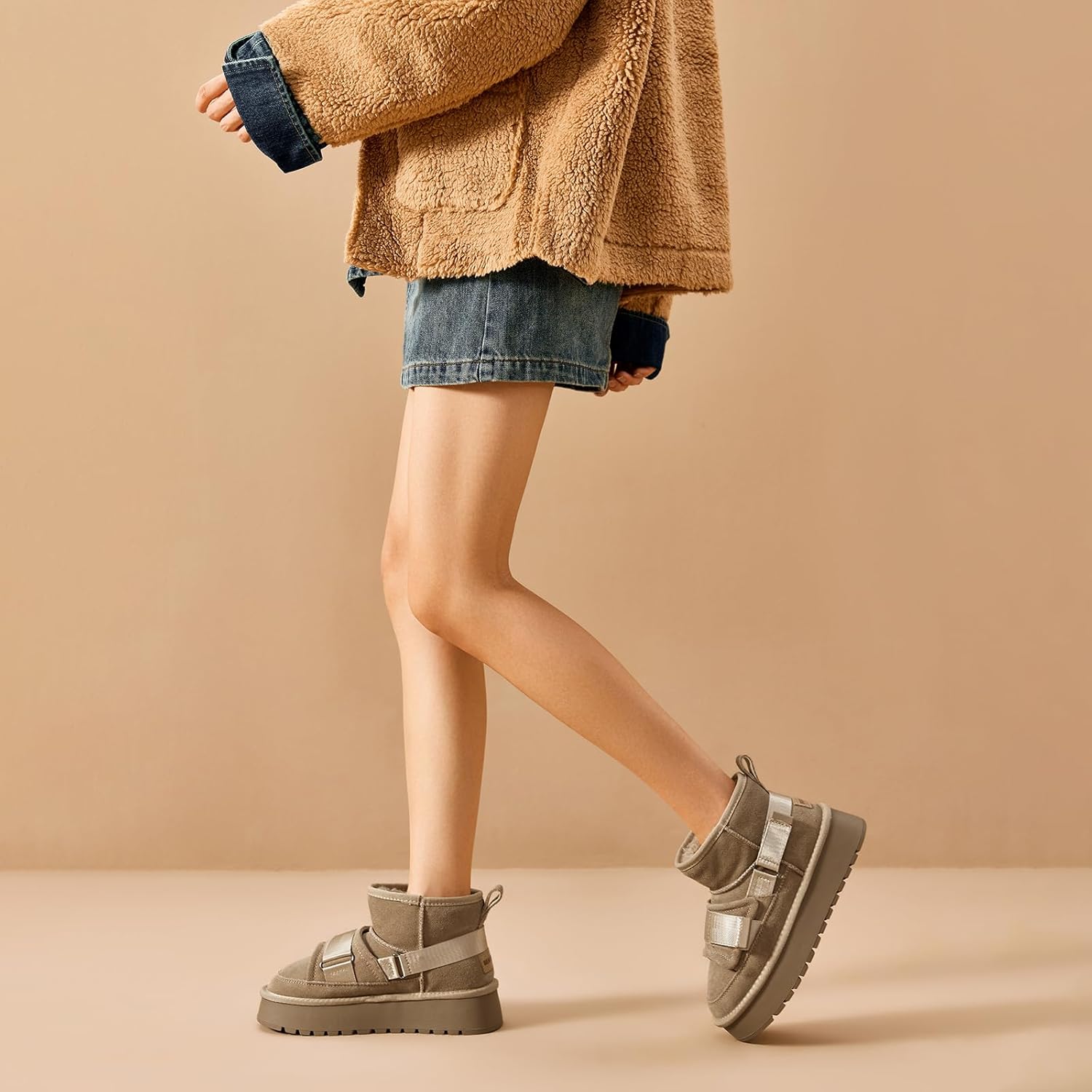 BEAU TODAY Womens Platform Ankle Boots Genuine Leather Mini Boots for Women Comfortable Lightweight Anti-Slip Fur Snow Boots Pull-on Walking Winter Boots - Image 2