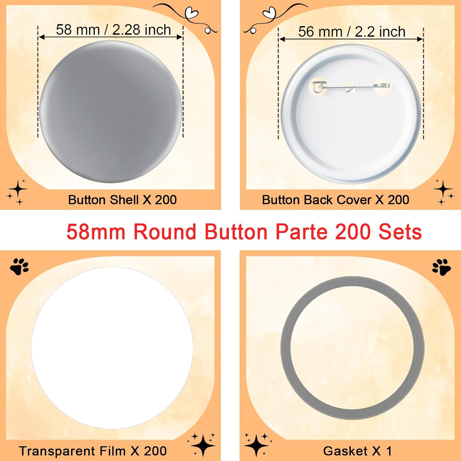 200 Sets 58mm Button Maker Supplies, 2.28 Inch Button Supplies Blank Badge Parts Includes Metal Covers, Plastic Backs& Clear Film, Compatible with Button Maker/Pin Press Machine