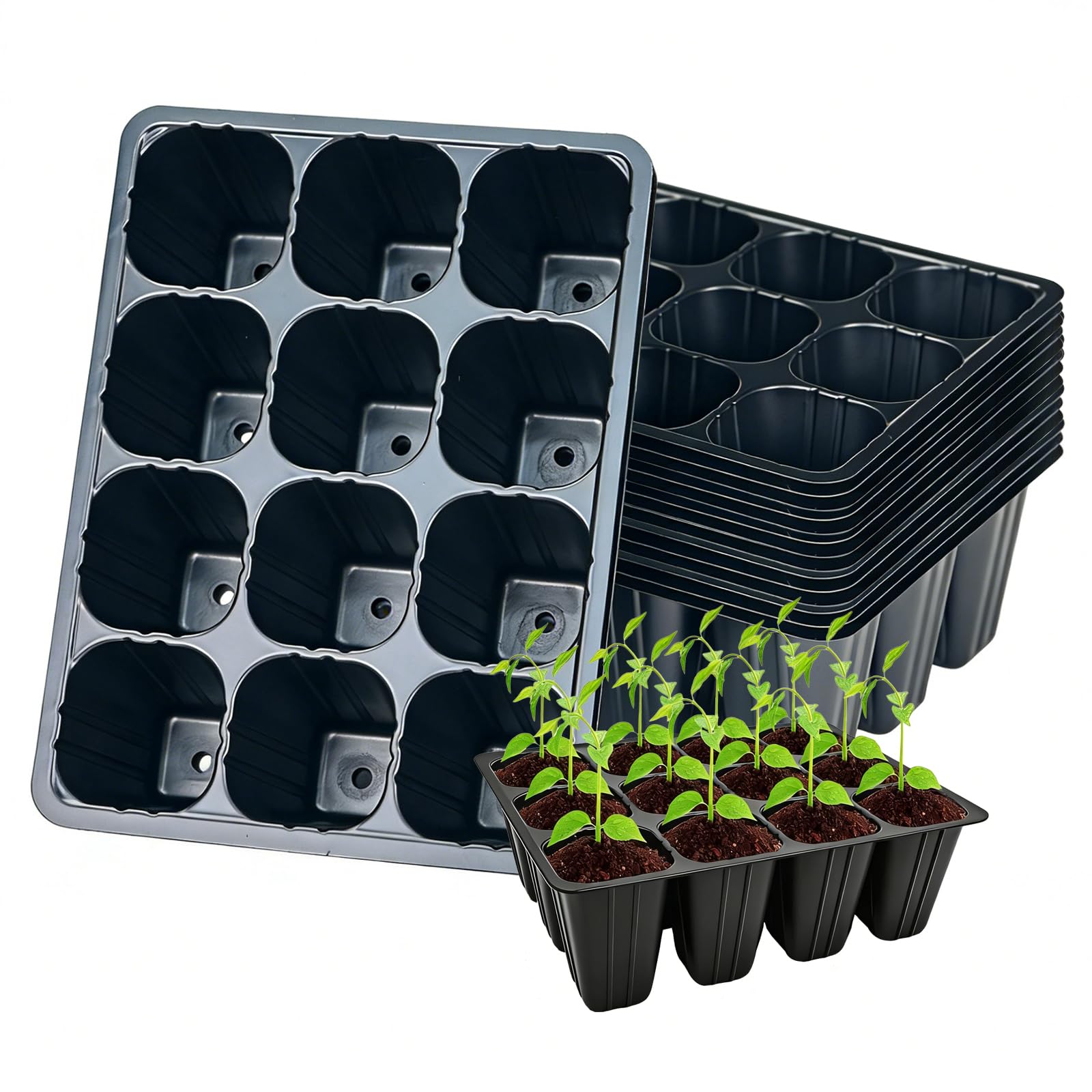 DYVXCIP Anzuchtschale,15 Stück 180 Zellen Anzuchtset,Wiederverwendbar,Mini Propagator,Mini Gewächshaus Anzucht, Schwarze Kunststoff-Setzlings-Tabletts mit Drainagelöchern,Für Setzlingpflanzen