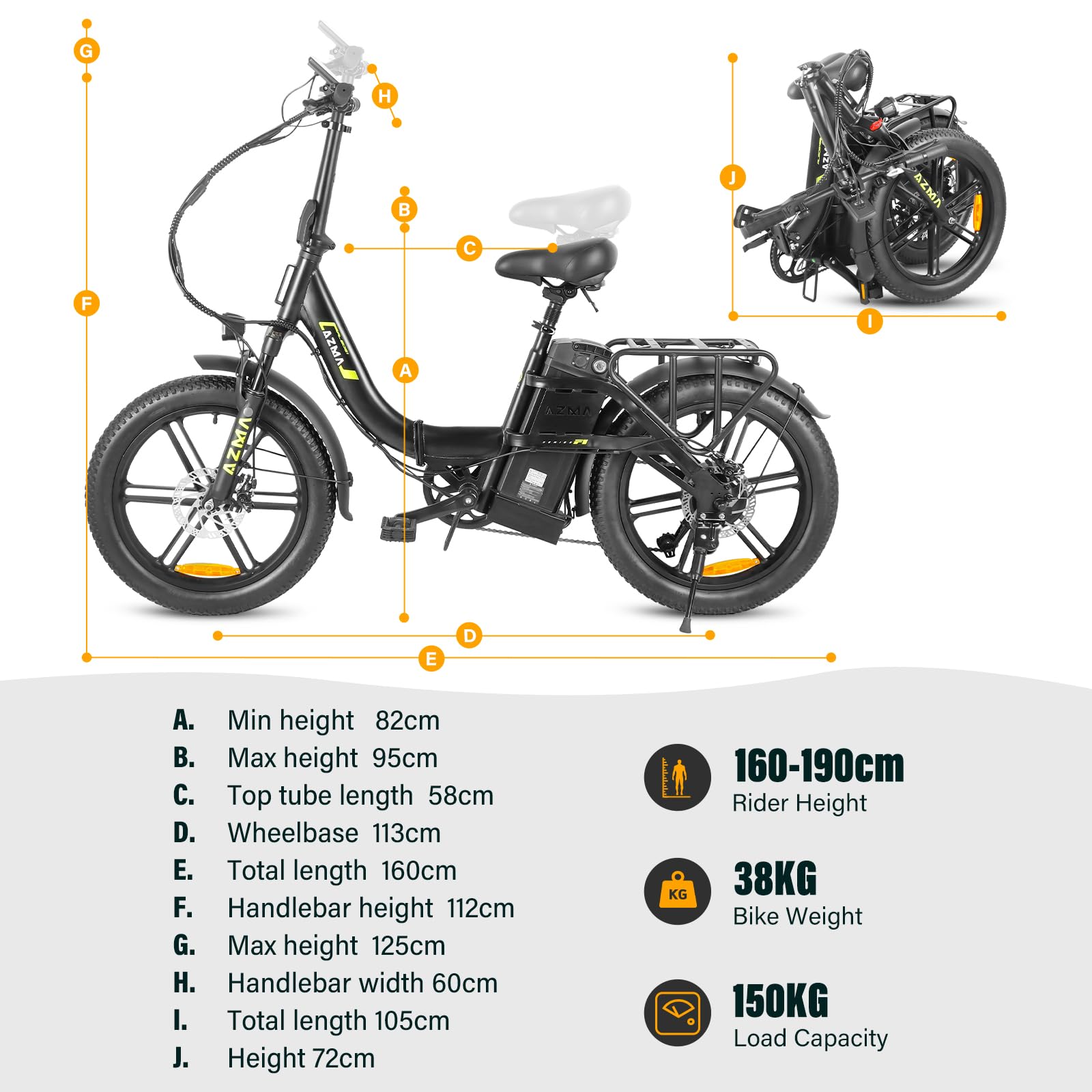 AZMA F1 Bici Eléctrica Plegable, 36V20.8AH(748.8WH) Batería Extraíble,Bicicleta Eléctrica para Adultos con Alcance 150KM, 20“ * 3.0” Fat Tyre E-Bike para Viajeros Urbanos