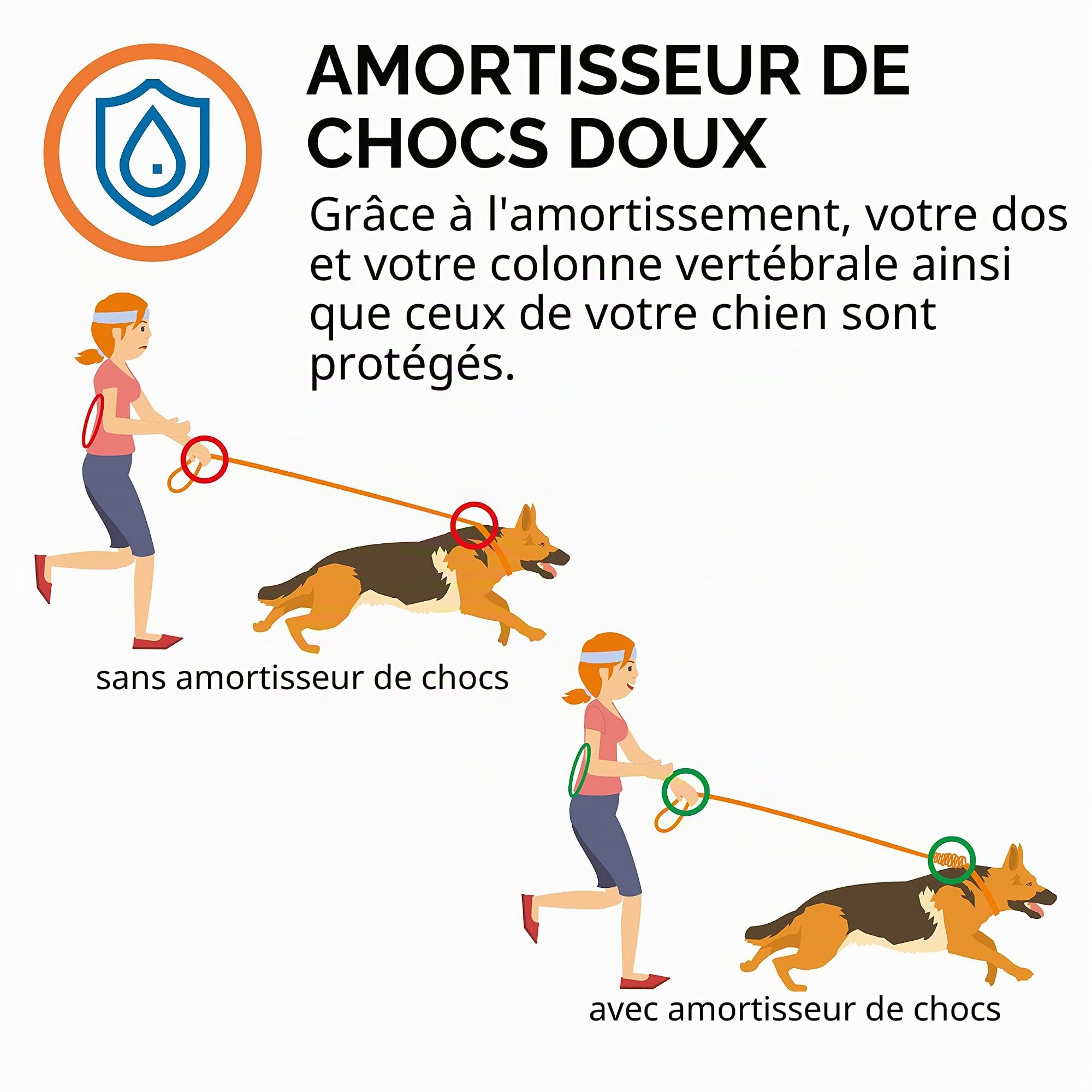 Floxik Amortisseur de chocs pour chien - Solide - Extension de laisse élastique et robuste pour chaque laisse de chien - Idéal pour la marche, le jogging et le cyclisme
