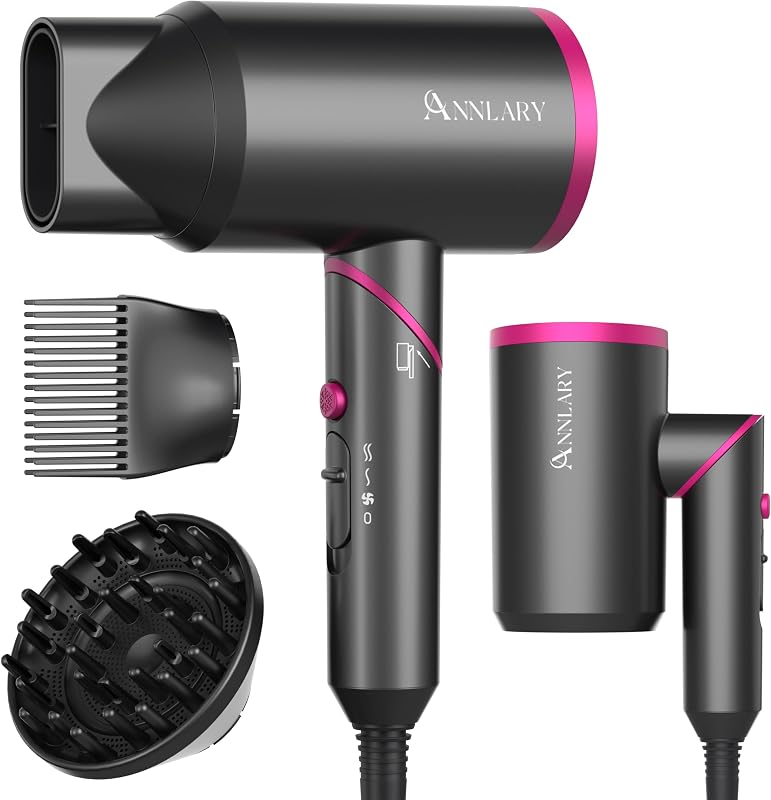 ANNLARY Hair Dryer with Comb, ANNLARY 1800W Blow Dryer with Diffuser for Curly Hair, Plasma Ionic Hair Dryer for Frizz Control, Foldable Portable Low Noise Hairdryer, 6.5 ft ALCI Cord - Gray