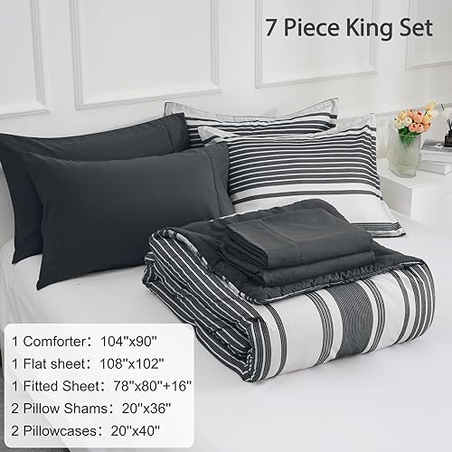 Miniatura 2 de PHF Juego de edredón King de 7 piezas, ropa de cama a rayas en una bolsa, edredón gris carbón y blanco y juego de sábanas de 18 pulgadas para todas
