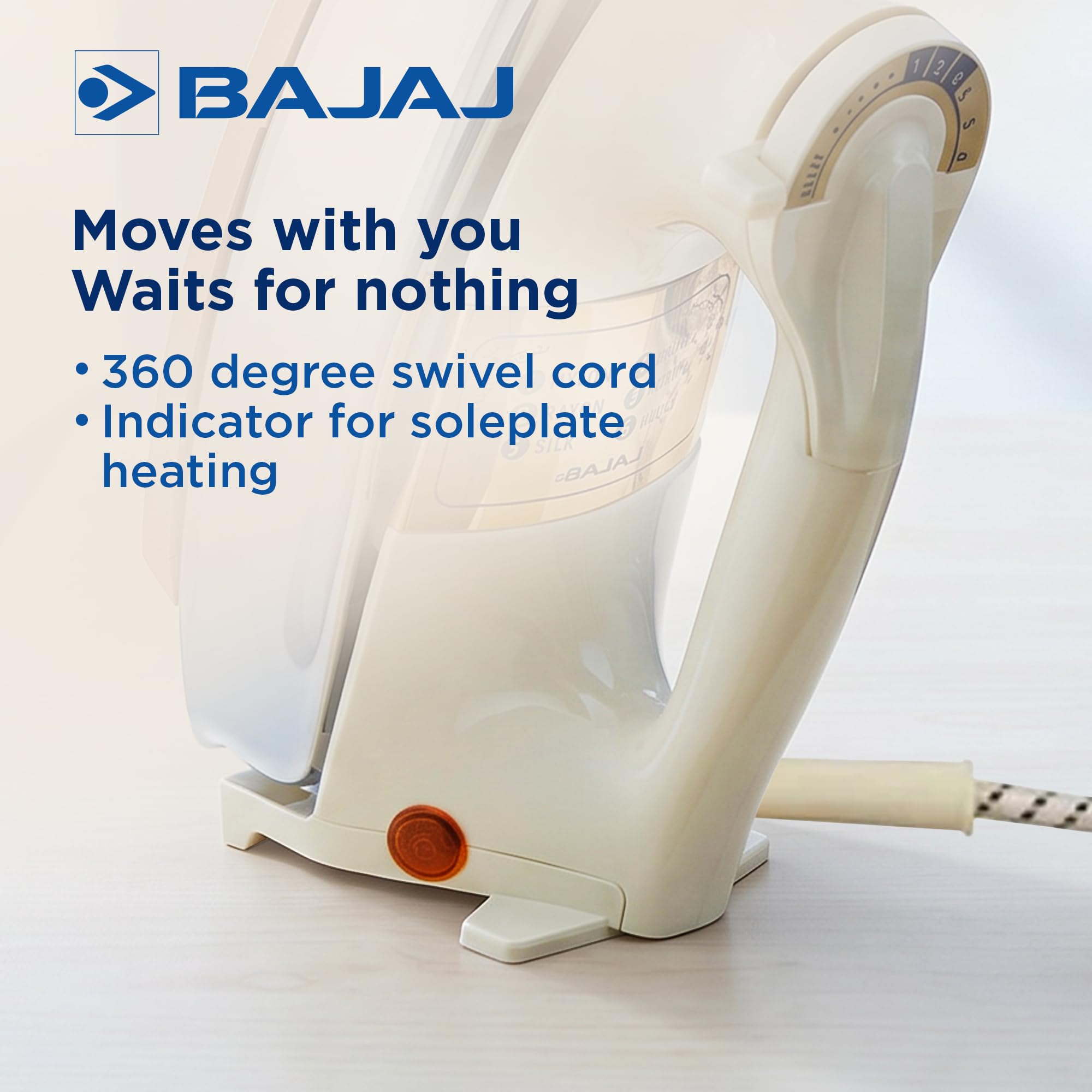 Bajaj DHX-9 1000W Heavy Weight Dry Iron | Advance Soleplate And Anti-Bacterial German Coating Technology | Multiple Temperature Levels | 2 Yr Warranty 【Ivory】 1