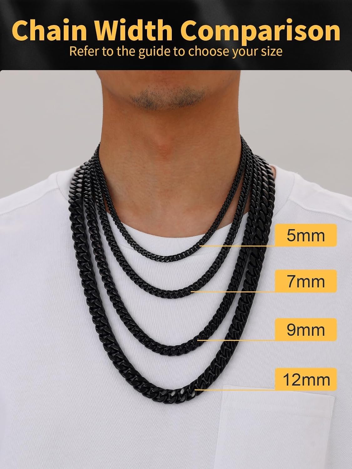 U7 Stainless Steel Chain Necklace for Men, Silver/Black/Gold Plated Cuban Link Chain, Thick Hip Hop Curb Chain Choker Jewelry 5/7/9/12mm 18-30 Inches for Mens Women - Image 6