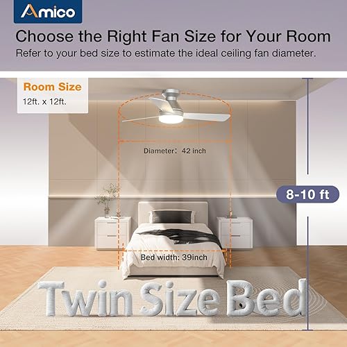 Miniatura 23 de Amico Ventiladores de techo con luces, perfil bajo, control remoto, montaje empotrado, reversible, 3CCT, regulable, silencioso, para dormitorio, uso