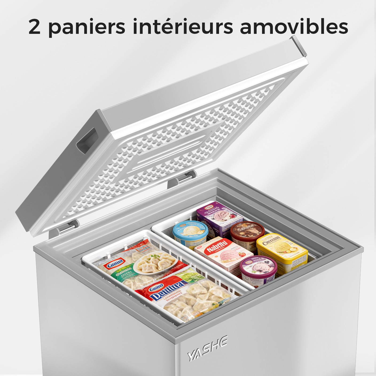 YASHE Congélateur coffre 100L, pose libre, Gris | 2 paniers amovibles, 6 niveaux de température, faible consommation d'énergie et fonctionnement silencieux de 45 dB