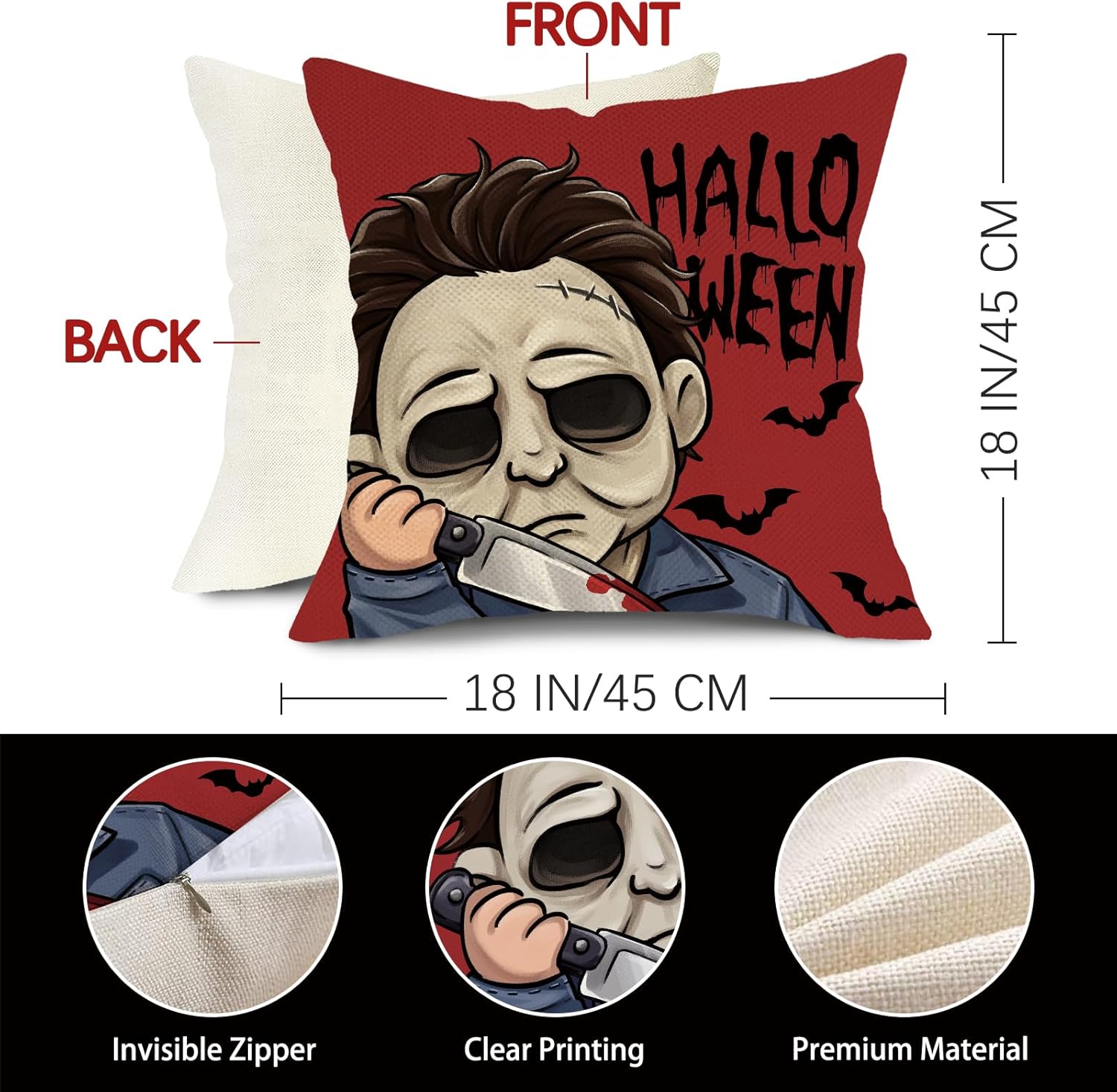 Pycat Halloween Horror Movie Characters Decorative Throw Pillow Covers 18 x 18 Set of 4, Red Black Scary Grim Reaper Mask Porch Outdoor Home Decor, Scream Bloody Knives Bat Sofa Couch Cushion Case