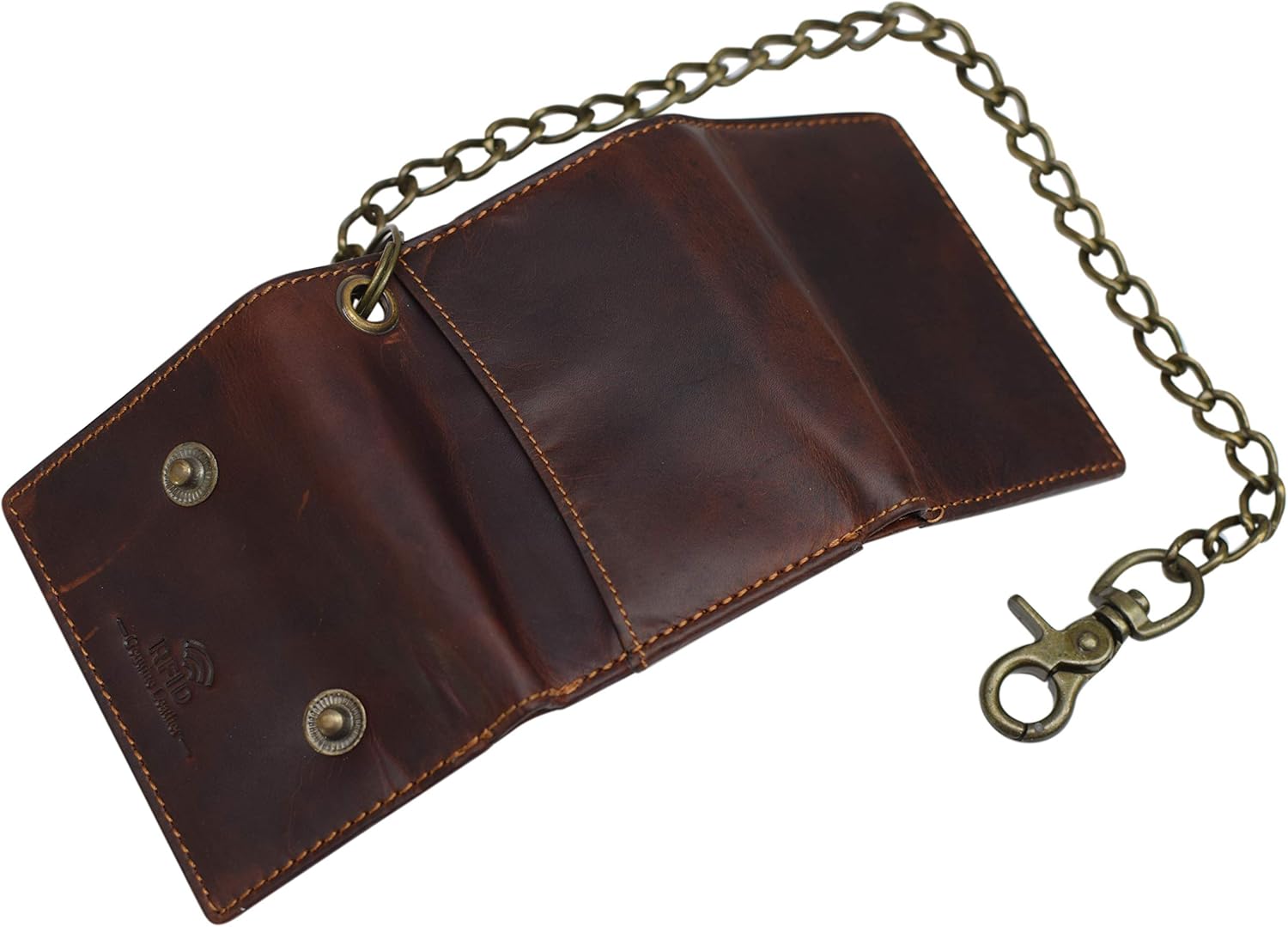 CAZORO RFID Blocking Men's Tri-fold Vintage Leather Biker Chain Wallet With Snap Closure