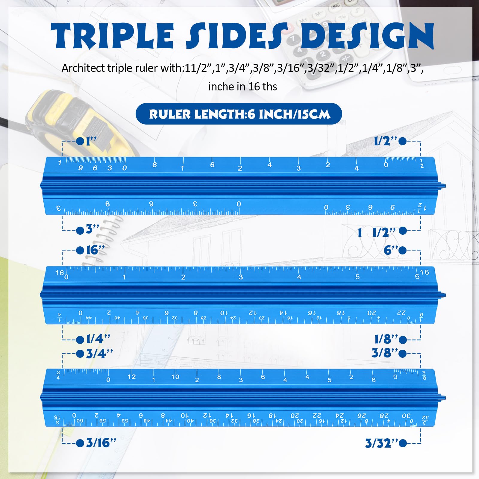 Fumete Paquete de 12 reglas arquitectónicas de 6 pulgadas, regla de escala pequeña, regla de tamaño de bolsillo, reglas de construcción, medidas imperiales para arquitectos, ingenieros, artistas,