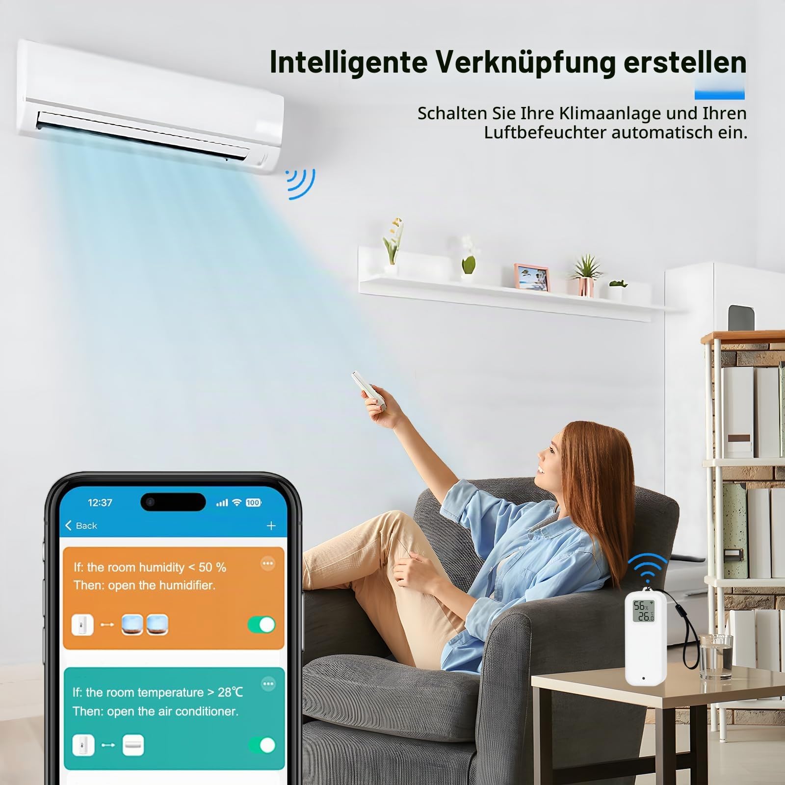 Digitales Thermometer, Hygrometer, Temperatur- und Feuchtigkeitssensor WiFi mit eigenständiger Magnetfolie, Temperatursensor zur Kalibrierung mit App-Benachrichtigung. Kompatibel mit Alexa. 4 Stück