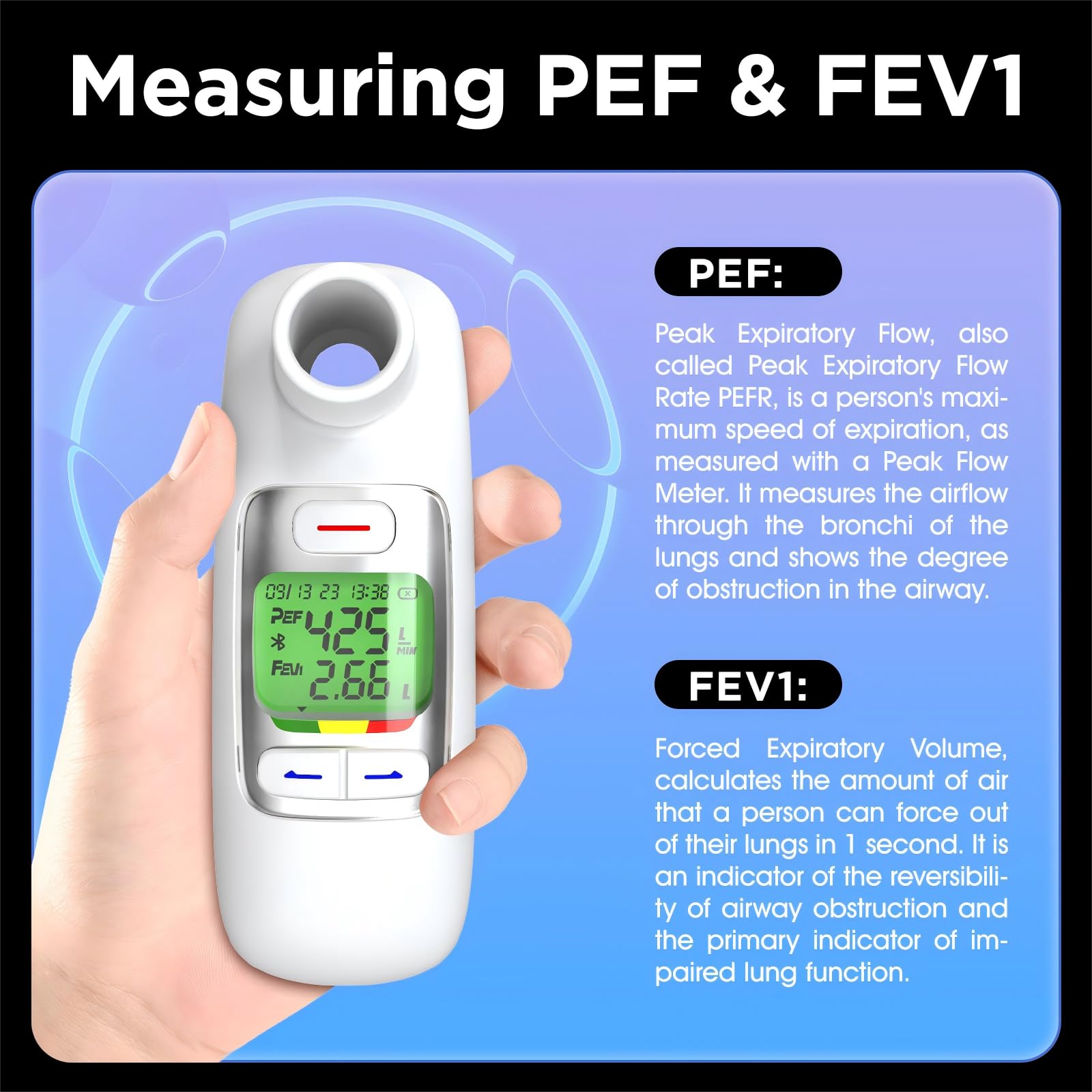 Peak Flow Meter 2.0 z Bluetooth, dla dorosłych i dzieci, do monitorowania czynności płuc, 300 danych histotycznych z czasem, dla astmy POChP, PEF i FEV1, symbol ryzyka, aplikacja