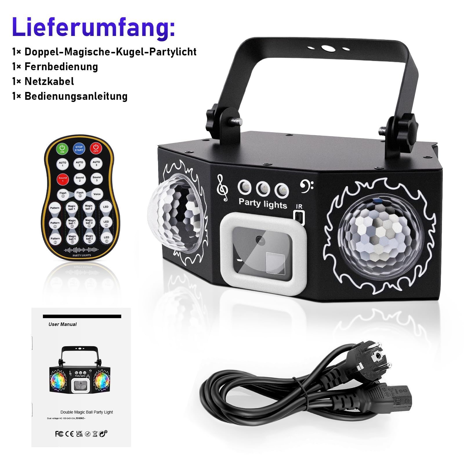 Discolicht Partylicht mit Dual Disco Bällen – RGB Sound-aktivierte Partylichter, Effekt Licht für DJ, KTV, Club, Weihnachtsfeier