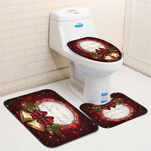 Miniatura 4 de Britimes Juego de 4 cortinas de ducha de Navidad, alfombra antideslizante, alfombrilla de baño y cubierta para tapa de inodoro, campanas para