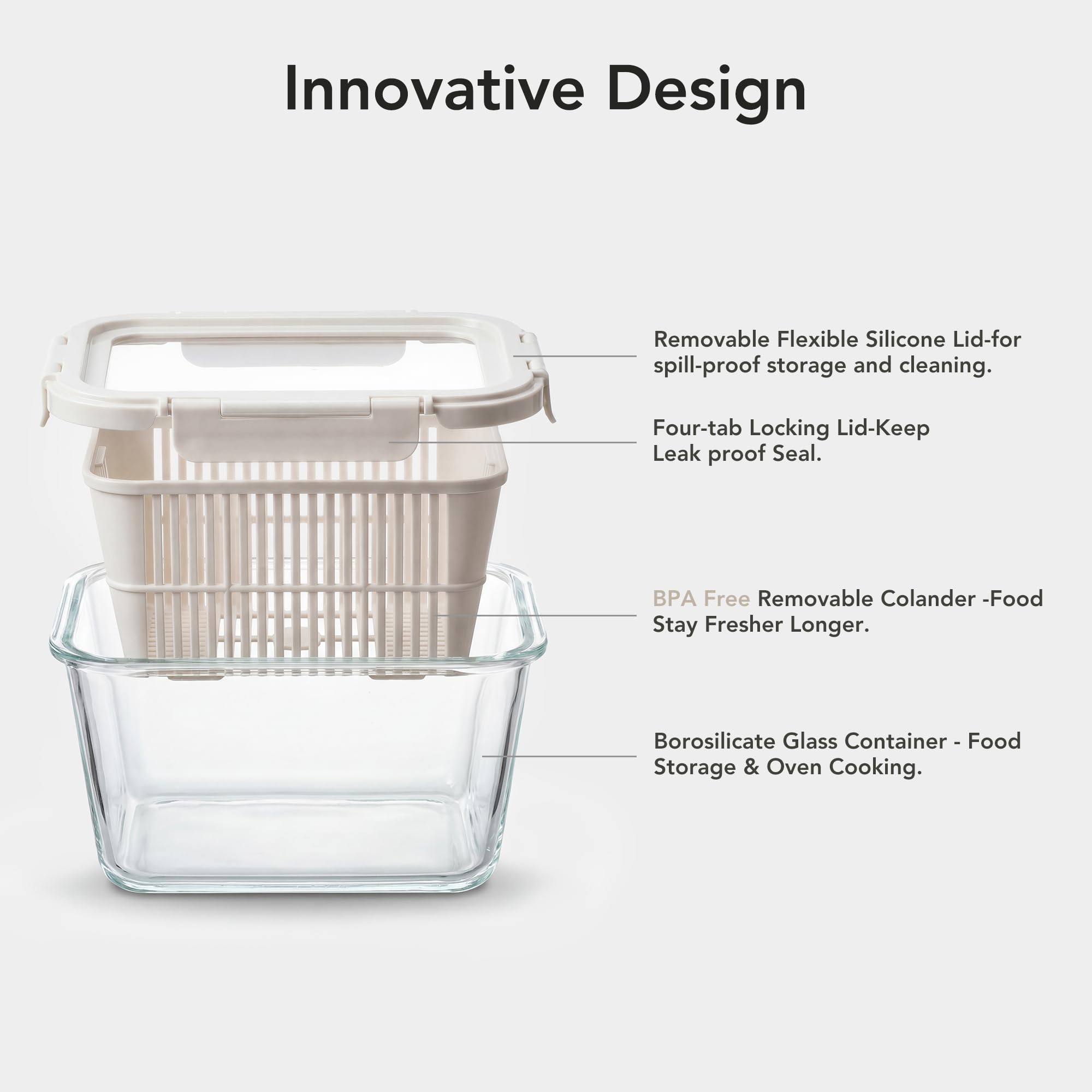 GENICOOK Contenitori in vetro per frigorifero, confezione da 2, contenitori ermetici per frutta e verdura, con scolapasta rimovibile, coperchi flessibili in silicone, a prova di perdite, in vetro