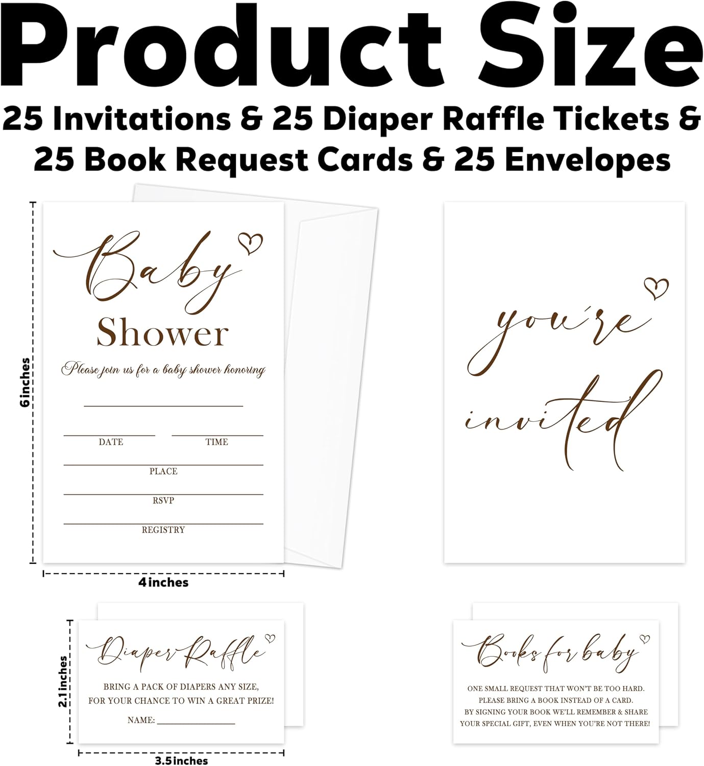 Minimalist Baby Shower Invitations - 25 Minimal Beige Invites with Envelopes, Diaper Raffle Tickets, Book Request Cards, Party Decorations Supplies Favors -09