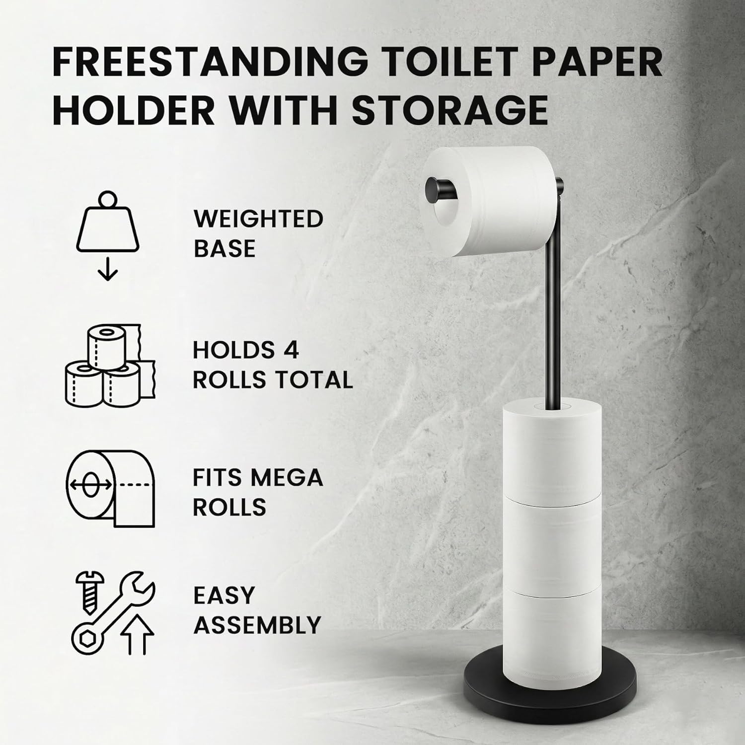 Cesun Toilet Paper Holder Stand Free Standing, Black Toilet Paper Storage with Heavy Weighted Base, Bathroom Stainless Steel Toilet Paper Roll Holder, Non-Slip, Matte Black