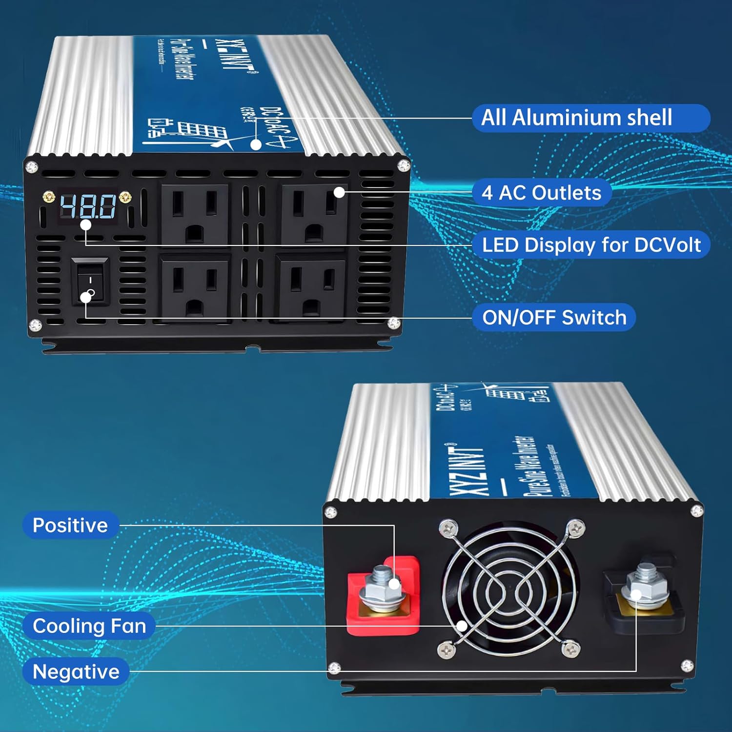 2000W Pure Sine Wave Inverter DC 48V to AC 110V 120V, 4000W Peak Power Inverter with 4 AC Outlets and LED Display for Car, Truck, Solar, Home Off Grid Over 90% Efficiency