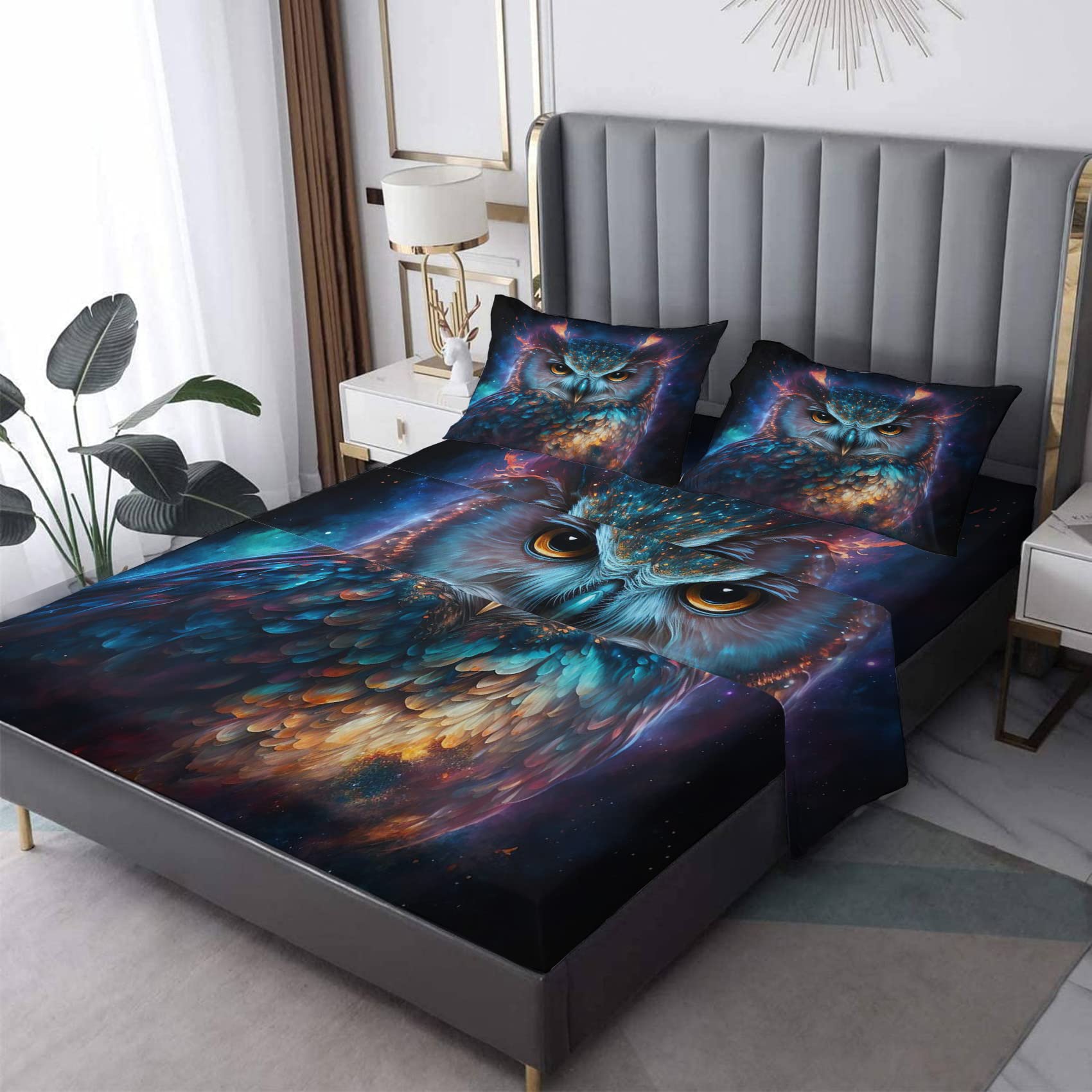 THYUNQ Galaxy Owl Sheets Twin XL Size Bed, Fantasy Bird Pattern Bedding Sheets & Pillowcases - 16 Inch Deep Pocket, Super Soft Microfiber Printed