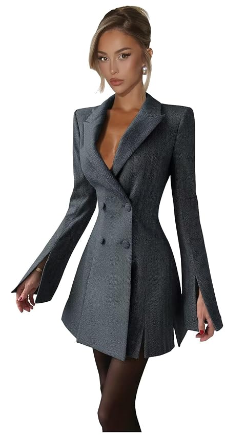 Herringbone Blazer Dress for Women Sexy Elegant Long Sleeve Blazer Dress Tweed Winter Double Breasted Dresses
