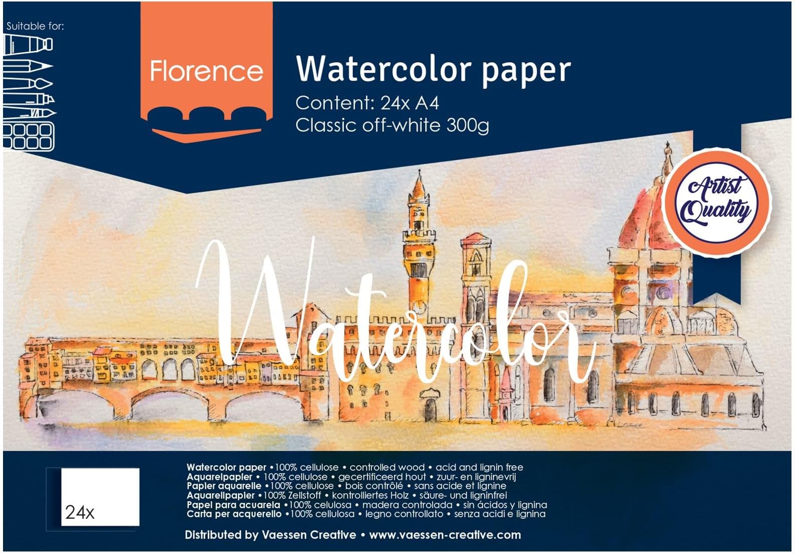 Vaessen Creative Florence Watercolour Paper Pad A4, Off-White, 300 GSM, Textured Surface, Artist Grade Quality, Sketchbook with 24 Sheets for Painting, Handlettering and Art Projects