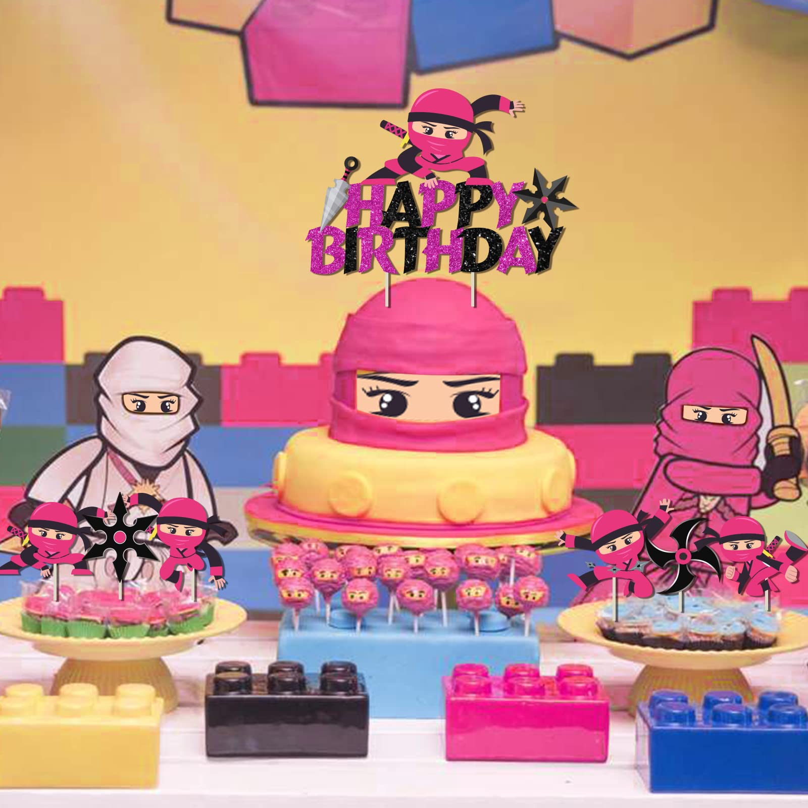 Ninja Happy Birthday Cake Toppers Set Roze voor Meisjes Warrior Ninja Master Thema Baby Douche Verjaardag Feest Decoraties Supplies 25 Pack