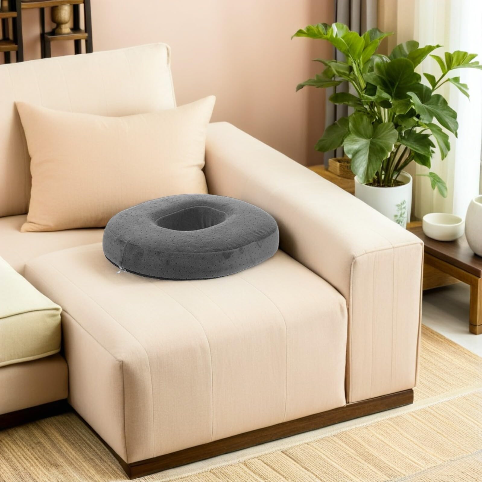 Cojín de Asiento Ovalado 43X35X7 CM de Espuma Viscoelástica con Centro Hueco Transpirable Funda de Terciopelo Gris Cojín Portátil para Silla de Oficina Taburete y Silla de